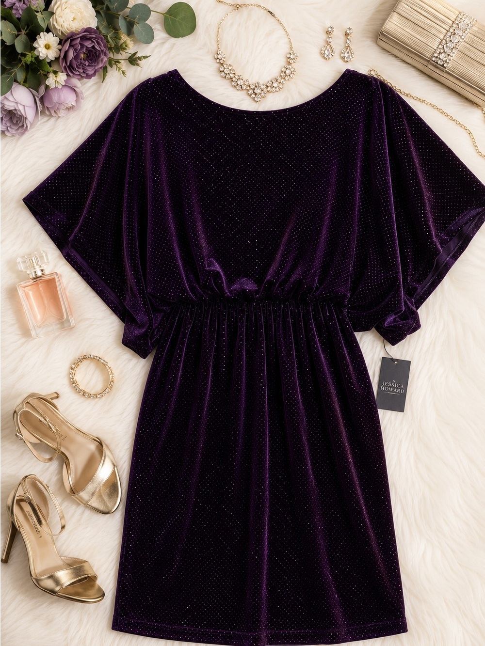 Jessica Howard Deep Purple Velvet Mini Dress with Sparkle